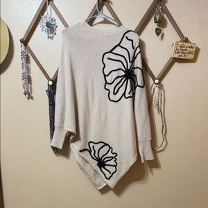 Source Unknown Beige Poncho with Black Floral Design